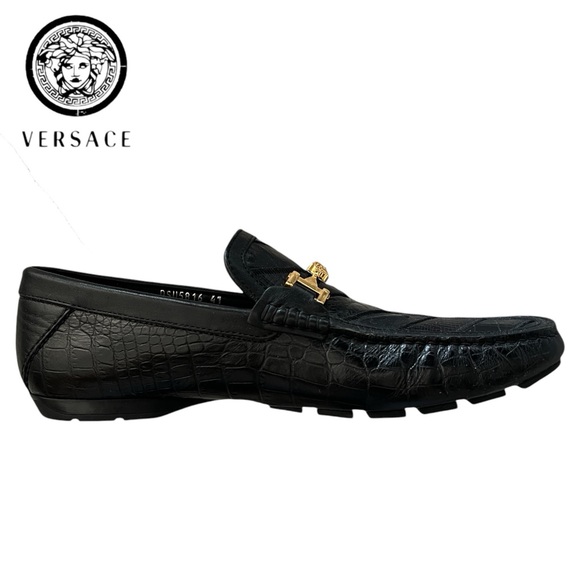 NEW VERSACE MENS LEATHER EMBOSSED DRIVING LOAFER GOLD MEDUSA DETAIL - Picture 2 of 7
